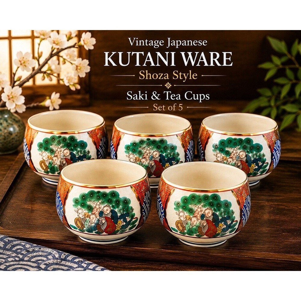 Vintage Japanese Kutani Ware Shoza Style Sake Tea Cups Set of 5 MINT